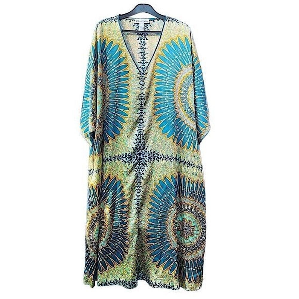 Oscar de la Renta Blue Gold Mandala Zip Front‎ V-Neck 2 Pocket Caftan  SZ 2X NEW - Picture 5 of 15